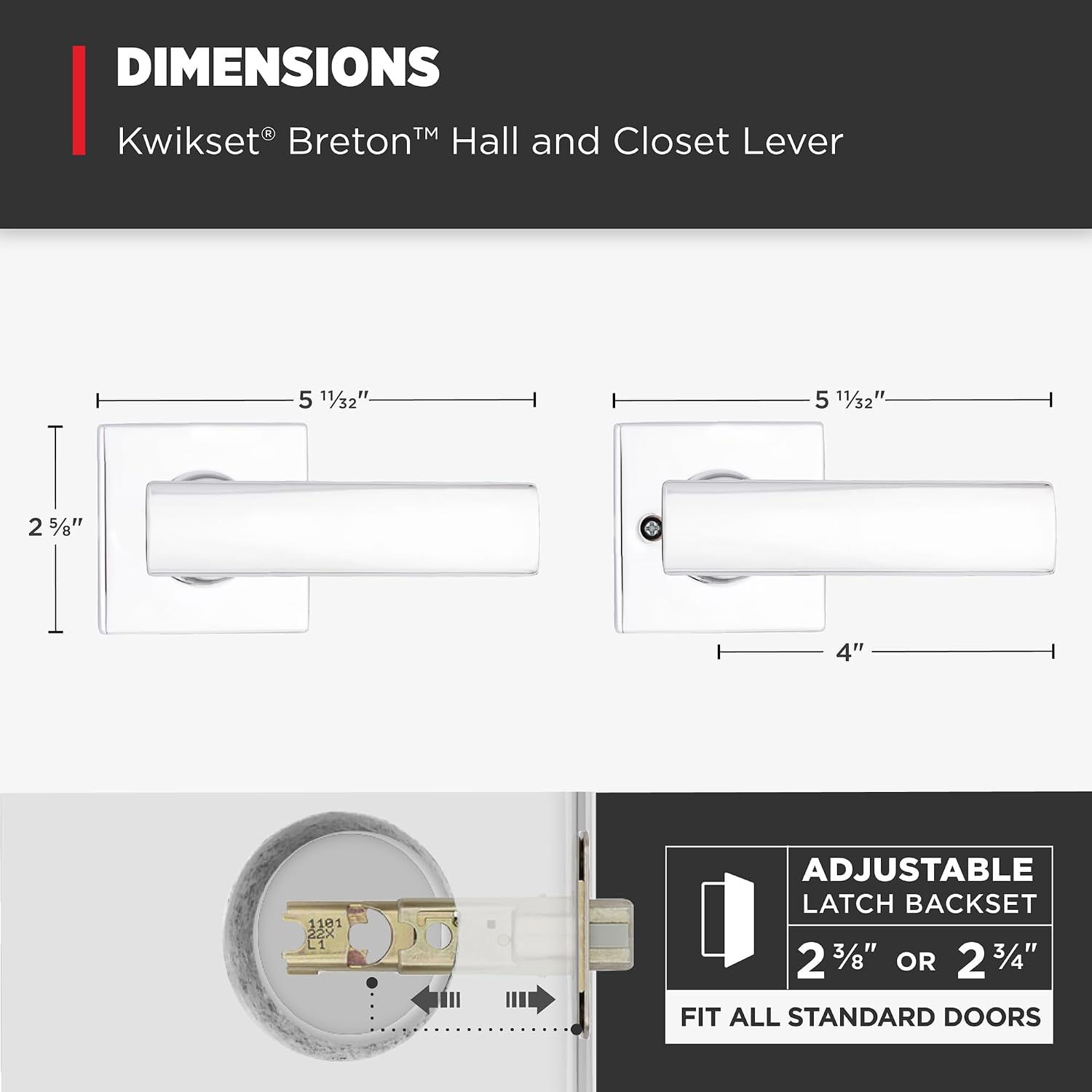 Kwikset Breton Interior Passage Door Handle, Lever For Closet and Hallway Doors, Reversible Non-Locking Handle Lever, Polished Chrome
