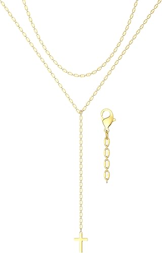 Moodear Layered Cross Necklace for Women - Trendy 14K Gold Plated Long Cross Pen