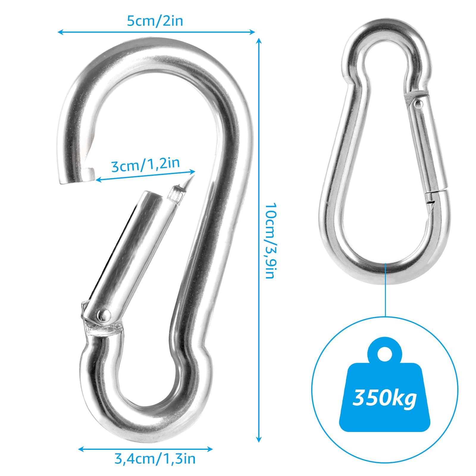 Mosquetones de Acero Inoxidable 304, 8 Piezas M10 10x100mm, Gran Capacidad 600 kg/1200 LB, Mosquetón Grande para Camping, Senderismo