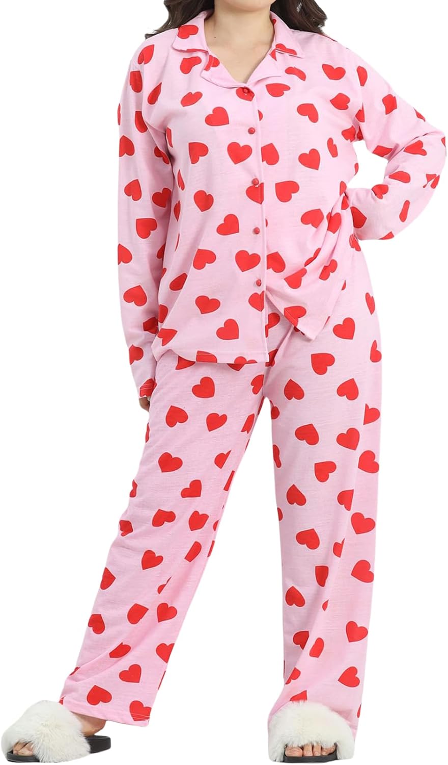 Aopwsrlyi Plus Size Pajamas for Women Valentines Day Heart Pajama Set Long Sleeve Button Up Shirt and Pants Lounge Sets