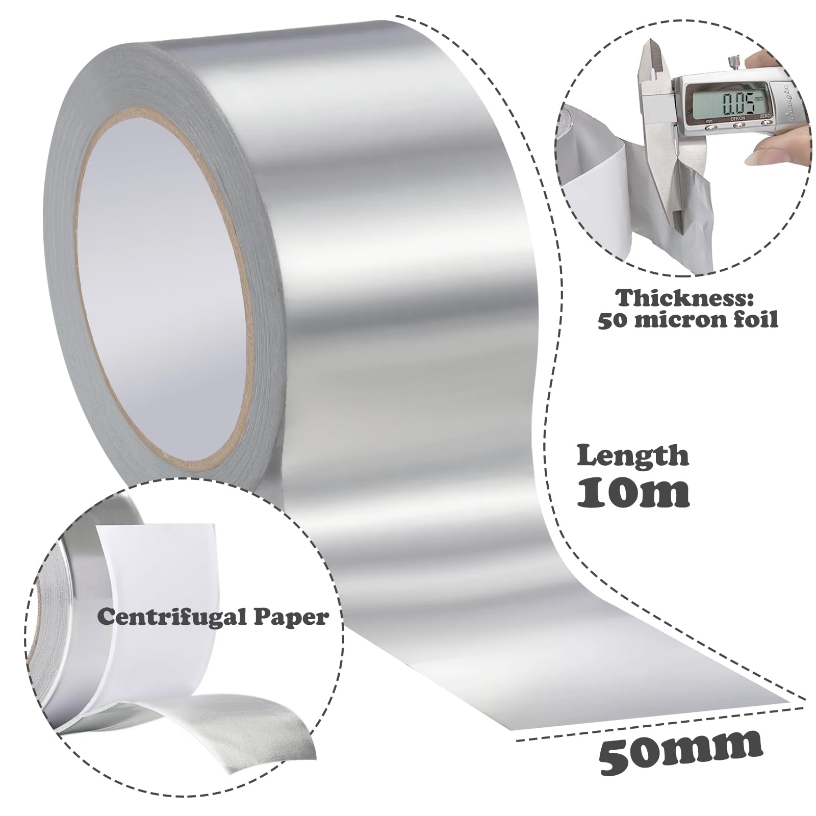PUWOWYE Cinta De Aluminio, Cinta Aluminio Adhesiva Impermeable y Resistente al Calor, Aluminio Para Sellar para Barreras de Vapor, Sistemas de Ventilación y Aire Acondicionado (50 mm x 10 m)