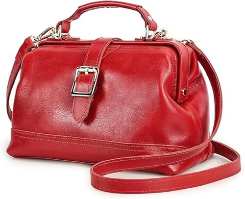 CONTACTS Doctor Bag Top-Handle Handbags for Women Full Grain Leather Clutch Satchel Handbag Shoulder Bag Vintage Tote Bag with Metal Clasp Frame Opening (Red)