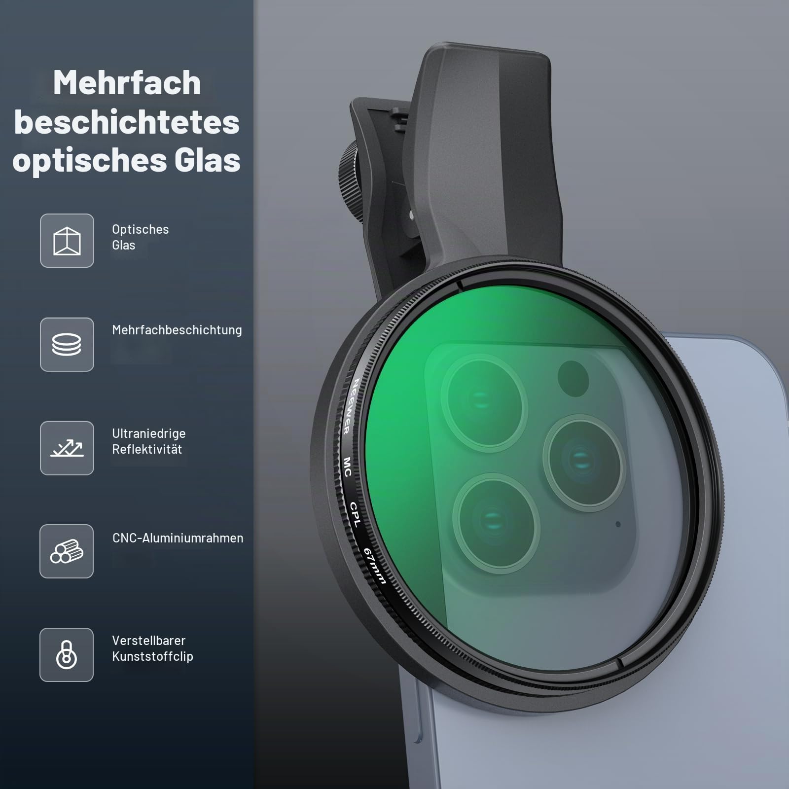 NEEWER 67 mm Clip On CPL Filter, zirkularer Polarisationsfilter für Smartphone Kameras, Fotografie Zubehörset, kompatibel mit iPhone 17, 16, 15 Pro Max Plus, 16e, 14, 13 mini, FL-B23