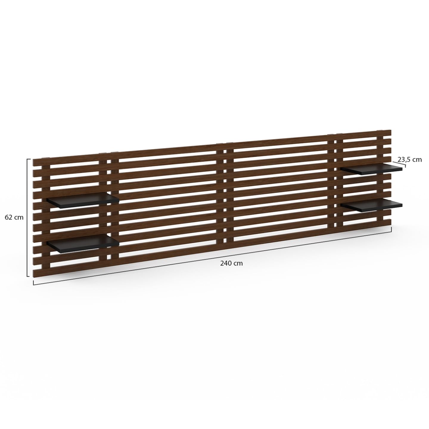 IDMarket - Tête de lit Suspendue en Lattes AVA 240 cm Bois Vieilli et étagères Noires