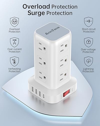 Vista 18 de Regleta protectora de sobretensiones, cable de 10 pies, torre de regleta de alimentación con 4 puertos USB (1USB C), cable de extensión con 12 tomas