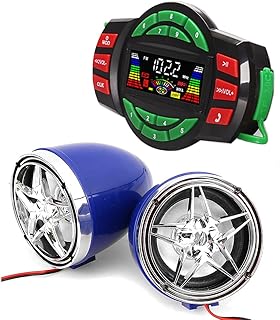 UTV ATV Bluetooth Amplifier Sound System Hand-free Speakers FM USB Audio System Stereo 3 Inch Speakers 12V Motorcycle Waterproof Audio FM Radio Stereo Speaker For iPhone/iPod/MP3 … (Chrome&Blue Star Speaker)