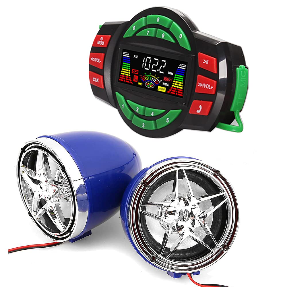 UTV ATV Bluetooth Amplifier Sound System Hand-Free Speakers FM USB Audio System Stereo 3 Inch Speakers 12V Motorcycle Waterproof Audio FM Radio Stereo Speaker (Chrome&amp;Blue Star Speaker)