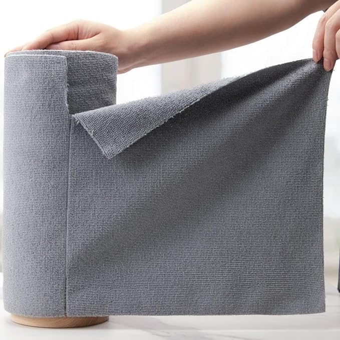 Reusable Kitchen Cleaning Cloth Roll, Microfiber, Multi-Color Grey Pink Mint, Wooden Stand Holder, Super Absorbent Dish Towels