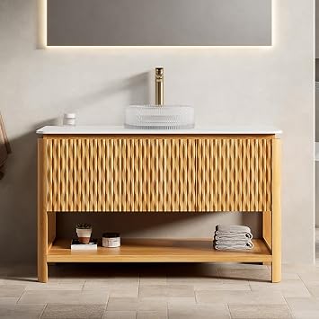 48" Bathroom Vanity with Round Glass Sink, Freestanding Plywood Bathroom Storage Cabinet with Sintered Stone Top and 3 Bamboo Texture Doors&Open Shelf, Natural Brown