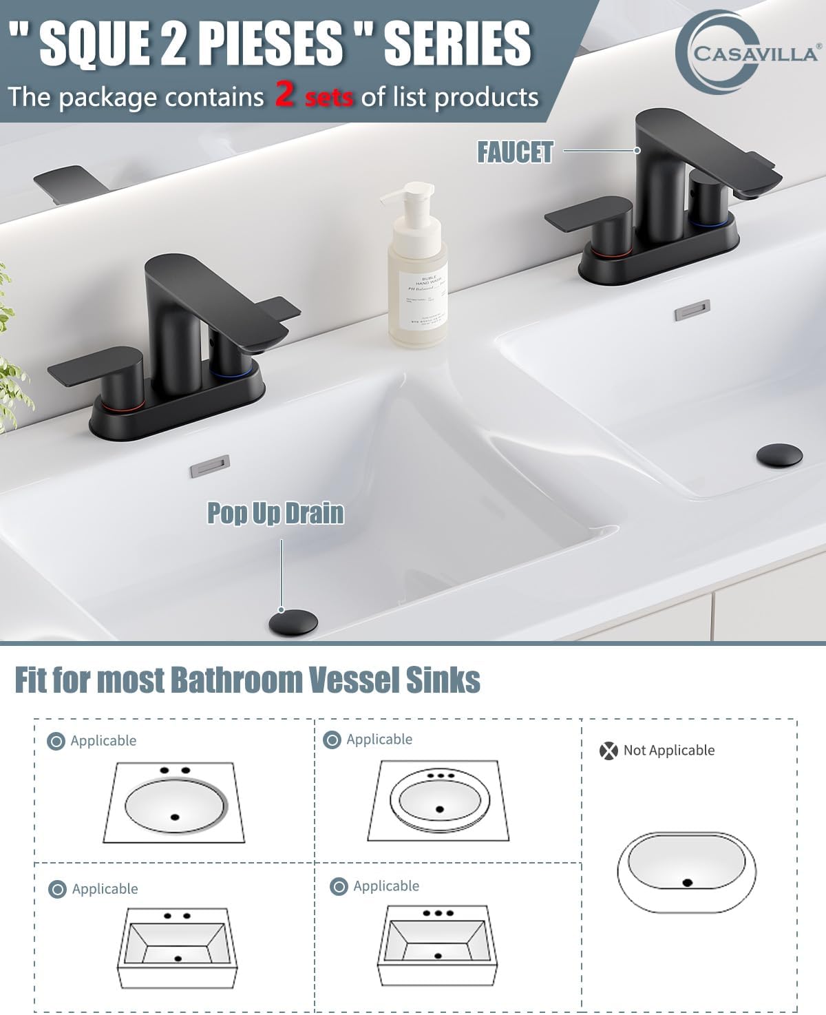 Black Bathroom Faucet 3 Hole, Modern Bathroom Sink Faucet, Stainless Steel Lead-Free 2-Handle Centerset Faucet, 4 Inch with Pop Up Drain and 2 Supply Hoses, 2SETS