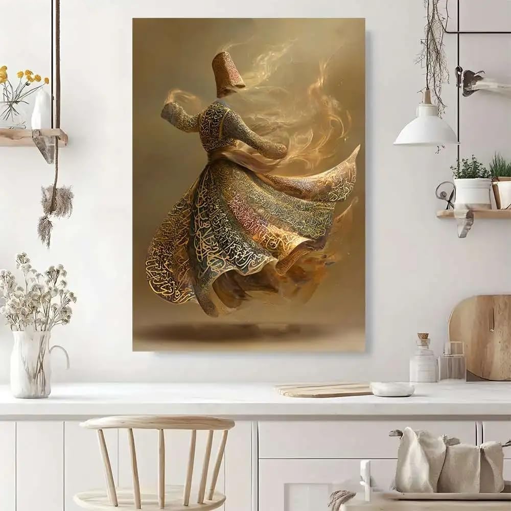 LTjiajuypd Image rotative unique d'un moine en robe calligraphique, toile murale avec motif islamique doré (70x110cm/sans cadre)