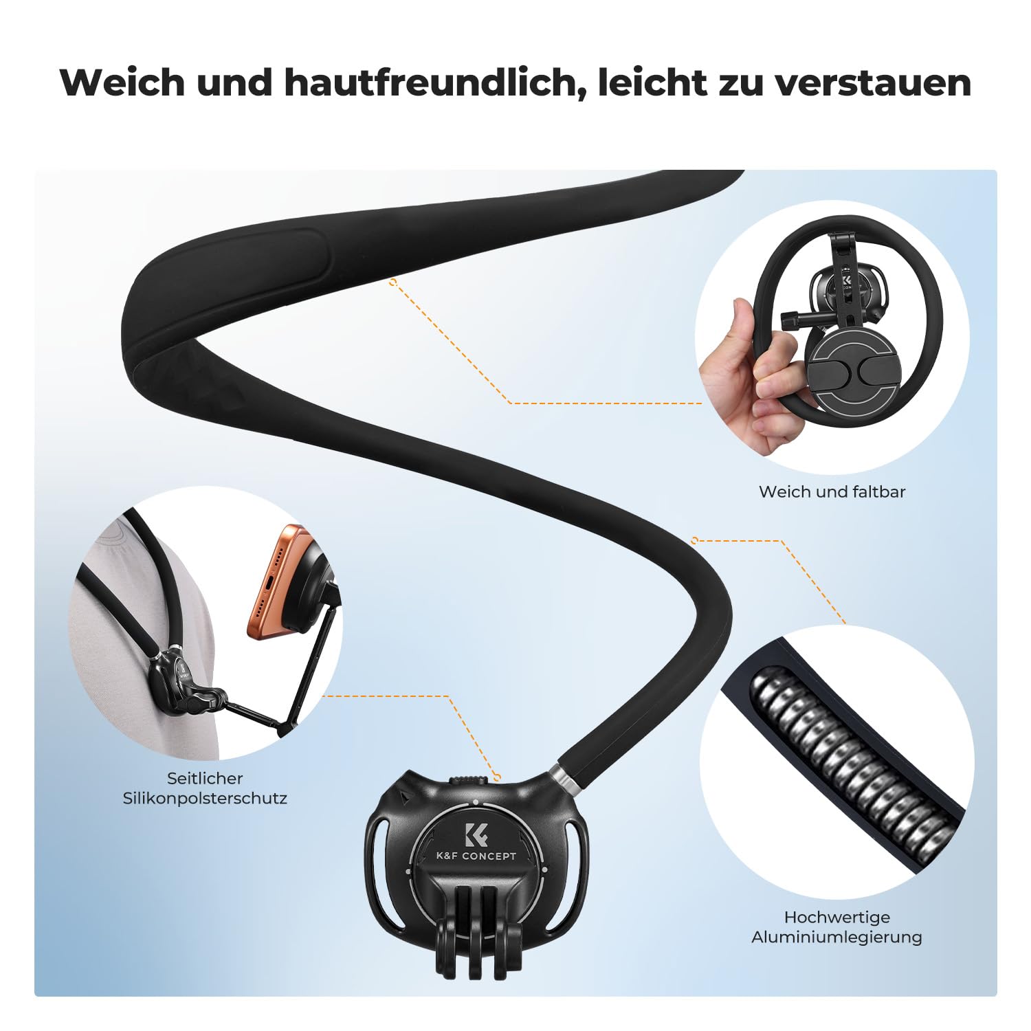 K&F CONCEPT Handyhalterung für den Hals mit Doppelfunktion, magnetische Halterung und Telefonclip, mit luftgepolsterter Basis, 65 cm Länge, komplett mit Riemen und magnetischer Führungsplatte(Schwarz)