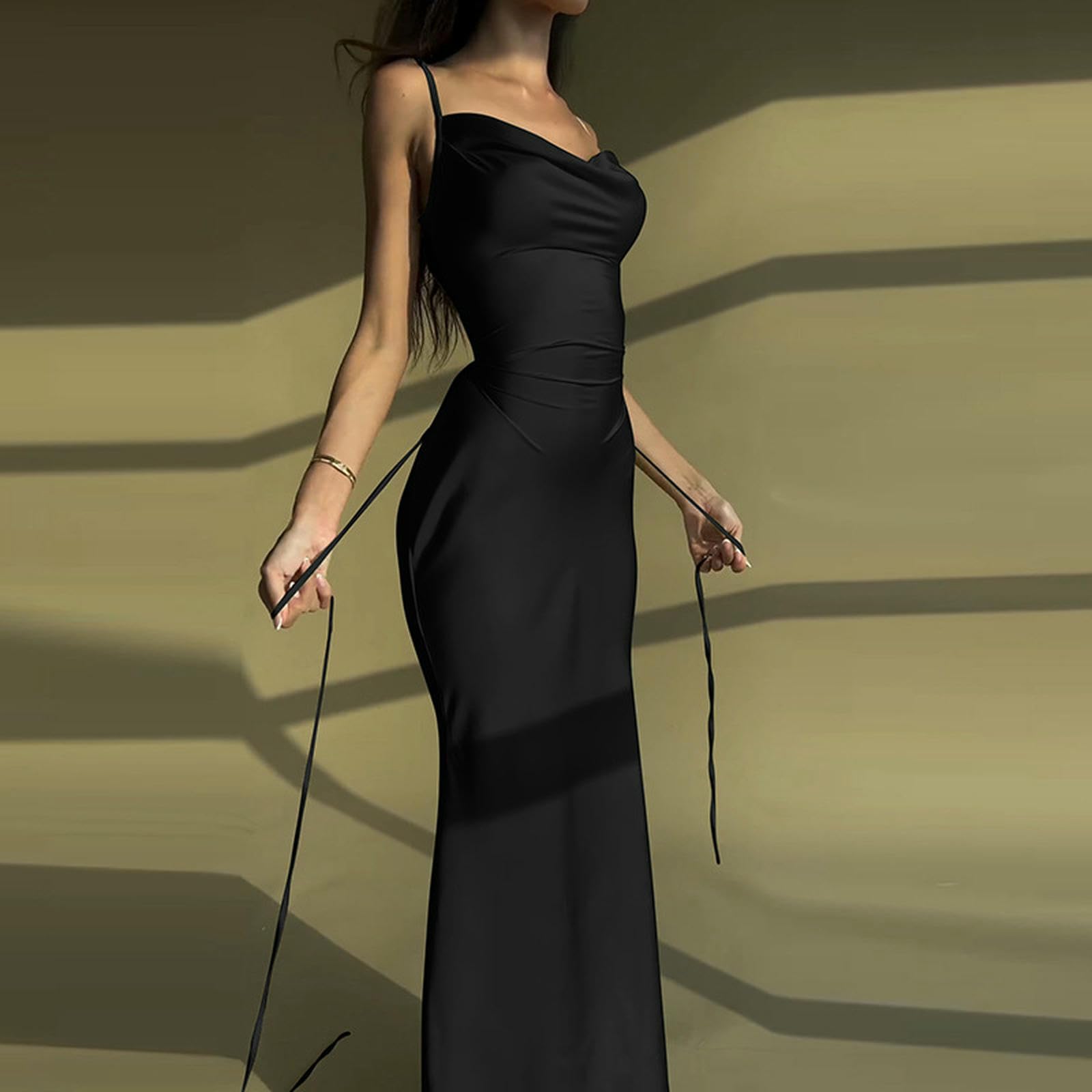 Robe Femme Femmes Spaghetti Strap Midi Satin Robes De Soie Slip Cowl Cou Party Cocktail Soirée Sexy-Bleu Clair-l