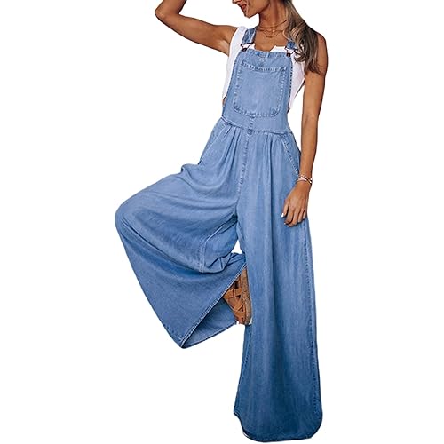 ICNGLKSND Women 's Casual Loose Denim Bib Overalls Wide Leg Jeans Pants Jumpsuits Sleeveless Baggy Overall Summer