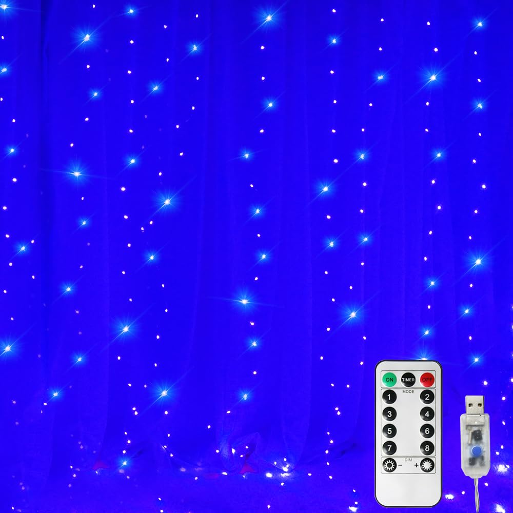 8 Modes Copper Curtain Lights Backdrop Window Lights, 300 LED Copper Wire Timer Dimmable Starry Twinkle Lights for Christmas, Halloween, Birthday Party Decor-9.8ft x 9.8ft(Blue)