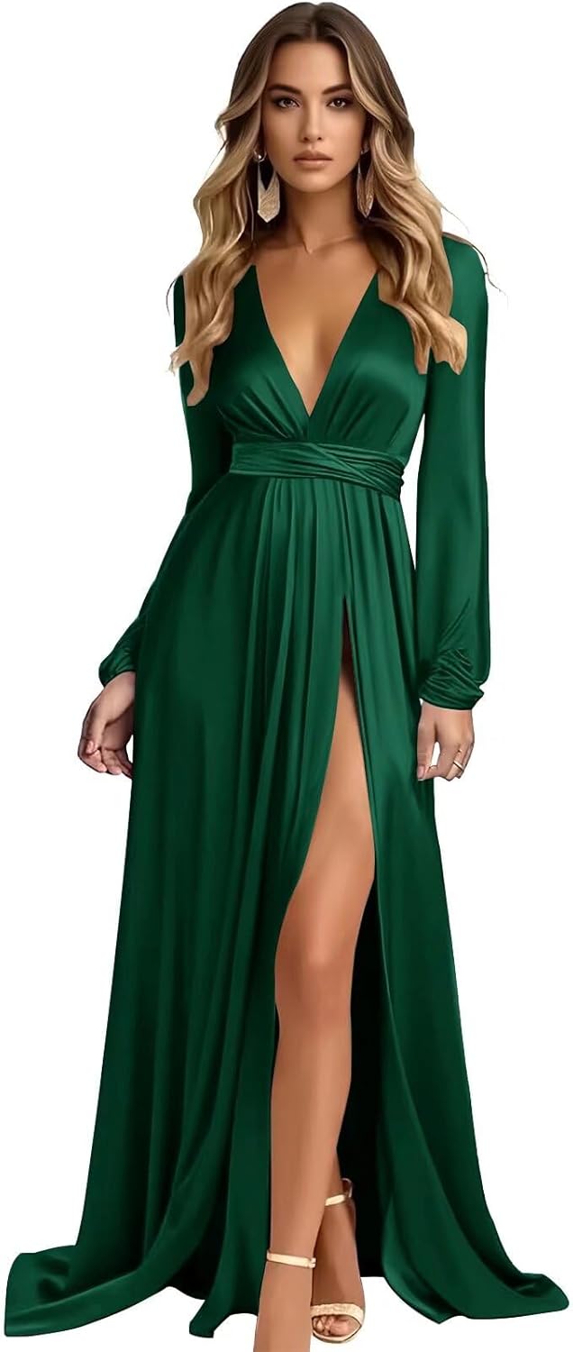 Long Sleeve Bridesmaid Dresses for Women Satin V-Neck Formal Dress Ruched Evening Party Gown with Slit