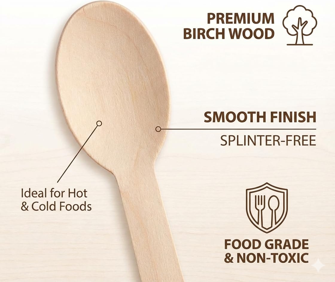 KHAANA PACKAGING 110mm Wooden Disposable Spoons | Eco-Friendly Biodegradable Cutlery for Party, Birthday, Picnic, Wedding, Catering, BBQ | Pack of 300 1