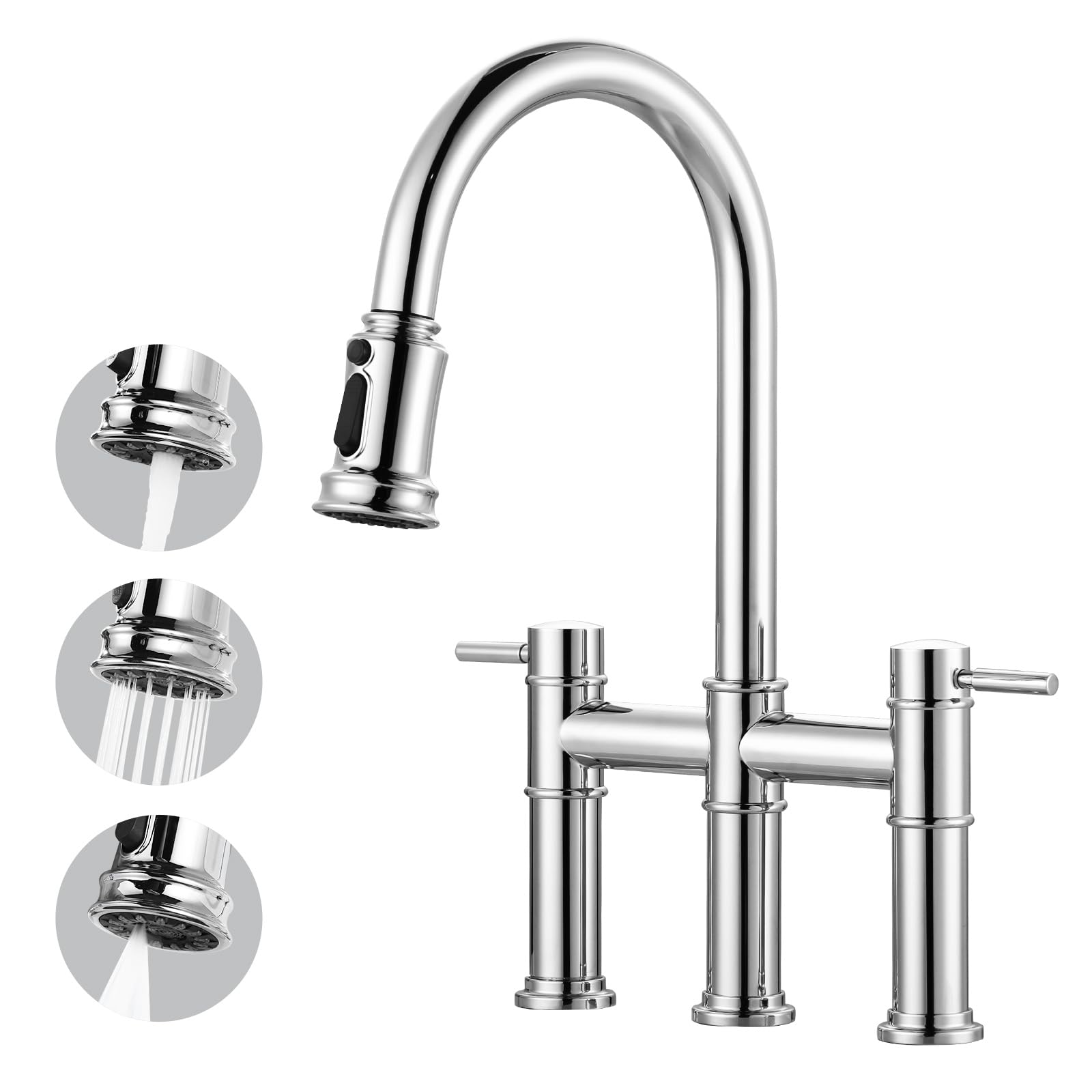 Bridge Faucet for Kitchen Sink: iVIGA Chrome Farmhouse 3 Hole Kitchen Faucet with Pull Down Sprayer (3 Spray Modes) - 2 Handle High Arc Brass Faucet