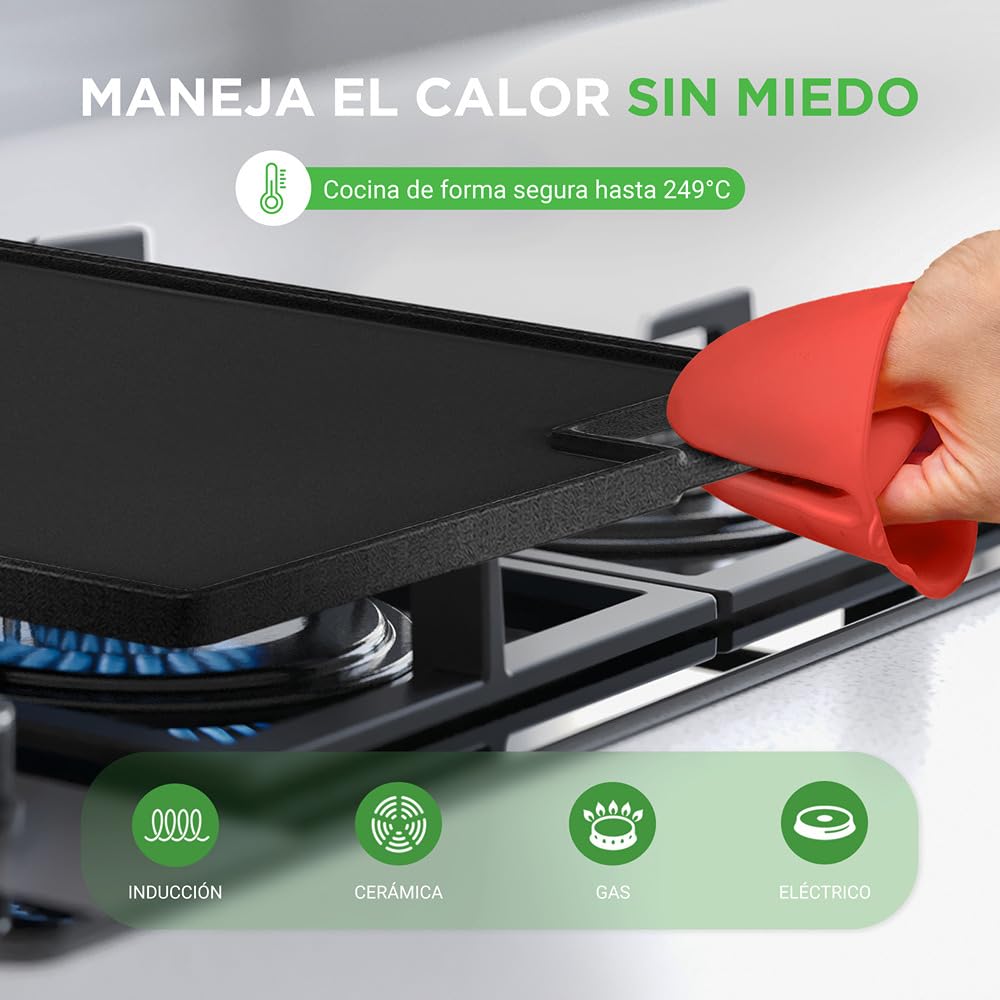 NutriChef Placa de Hierro Fundido, para Horno, Estufas, Plancha Reversible, Incluye Guante de Silicona, Parrilla