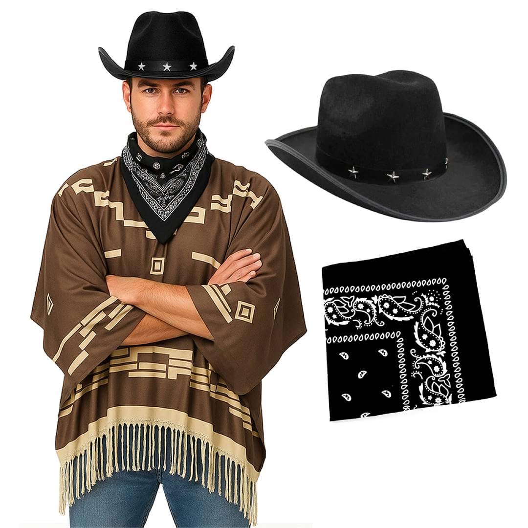 Adults Wild West Cowboy Costume - Brown Geometric Poncho with Tasseled Hem, Black Star Studded Cowboy Hat & Paisley Bandana - Deluxe Spaghetti Western Gunslinger Fancy Dress Outfit