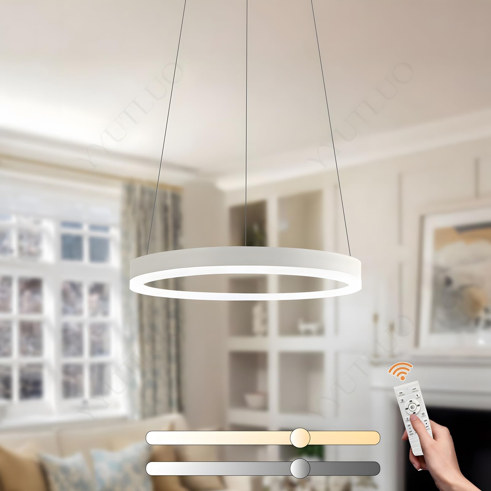 YYUTLUO Modern DIY Circle LED Chandelier | 1 White Rings:40cm=23W | Metal + Acrylic LED Pendant Lighting, 2.4G Dimmable Remote Control | Round Ceiling Hanging Lamp, Living Room Bedroom — image 1