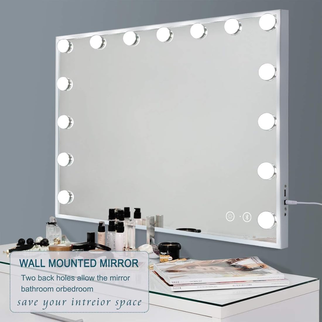 Rectangular Frameless Vanity Mirror with Dimmable LED Lights
