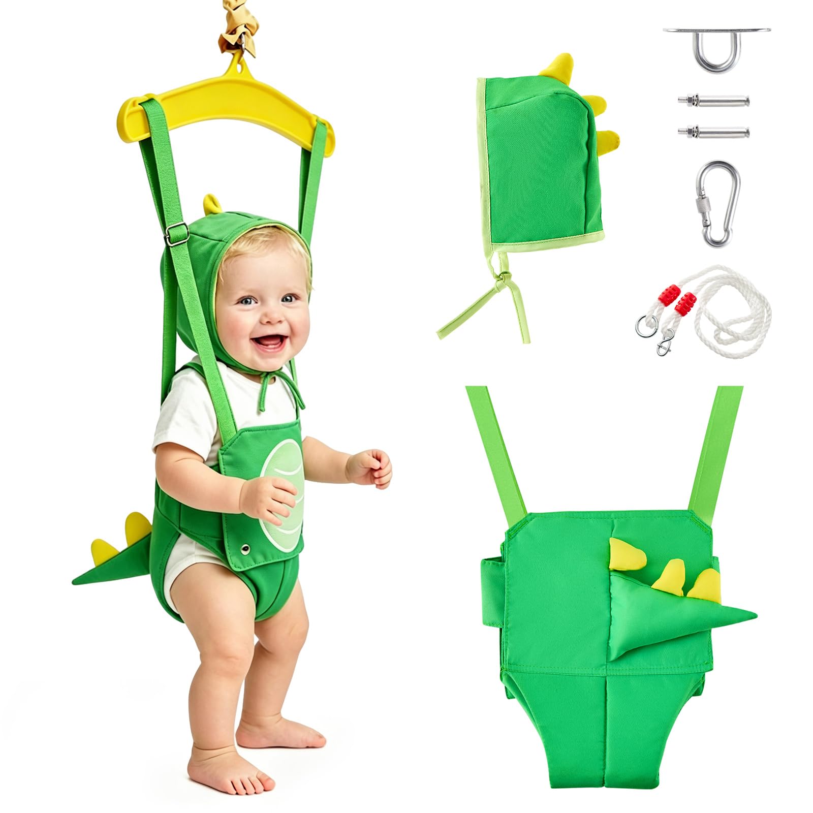 FUNLIO Baby Jumper avec crochet de plafond pour 6–24 mois, sauteur de porte pour intérieur/extérieur, chaîne réglable, facile à installer et à ranger (avec crochet de plafond) – Dinosaure Vert