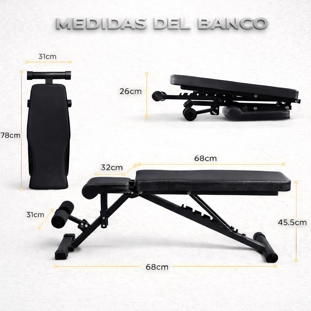 Banco de Ejercicio o Musculación Plegable Ligero Multifunción Para Pesas y Mancuernas Ajustable de Abdominales Gimnasio Entrenamiento en casa, Múltiples Posiciones Espalda, Pecho, Piernas