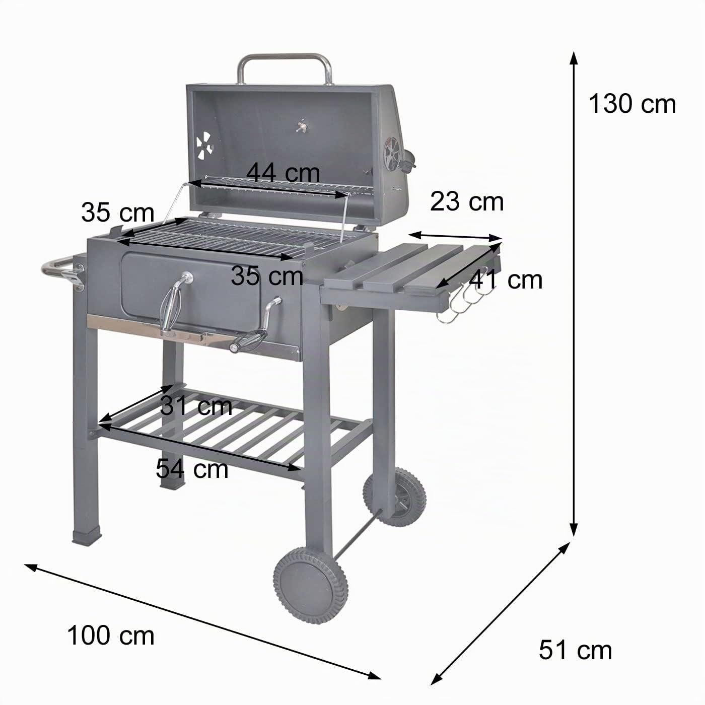 HWC-K93 - Barbacoa Parrilla de carbón vegetal (110 x 100 x 51 cm), color negro | Barbacoa de carbón vegetal, barbacoa, barbacoa, barbacoa de jardín, con tapa, estantes