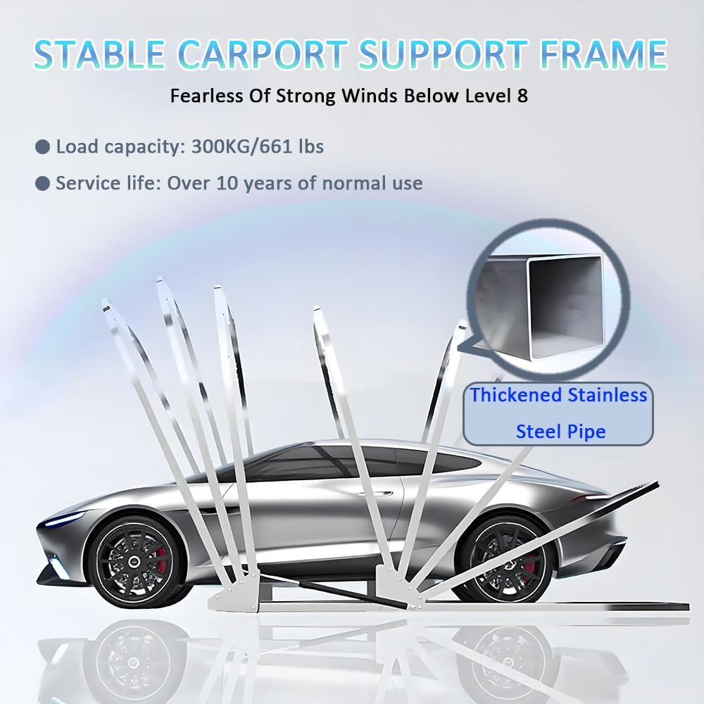 Hydraulic Semi-Automatic Foldable Carport for SUV and Sedan; Snow/Wind Proof Car Awning with Stainless Steel Frame, All Weather Heavy Duty Garage for Backyard (19.36x8.86x8.03ft)