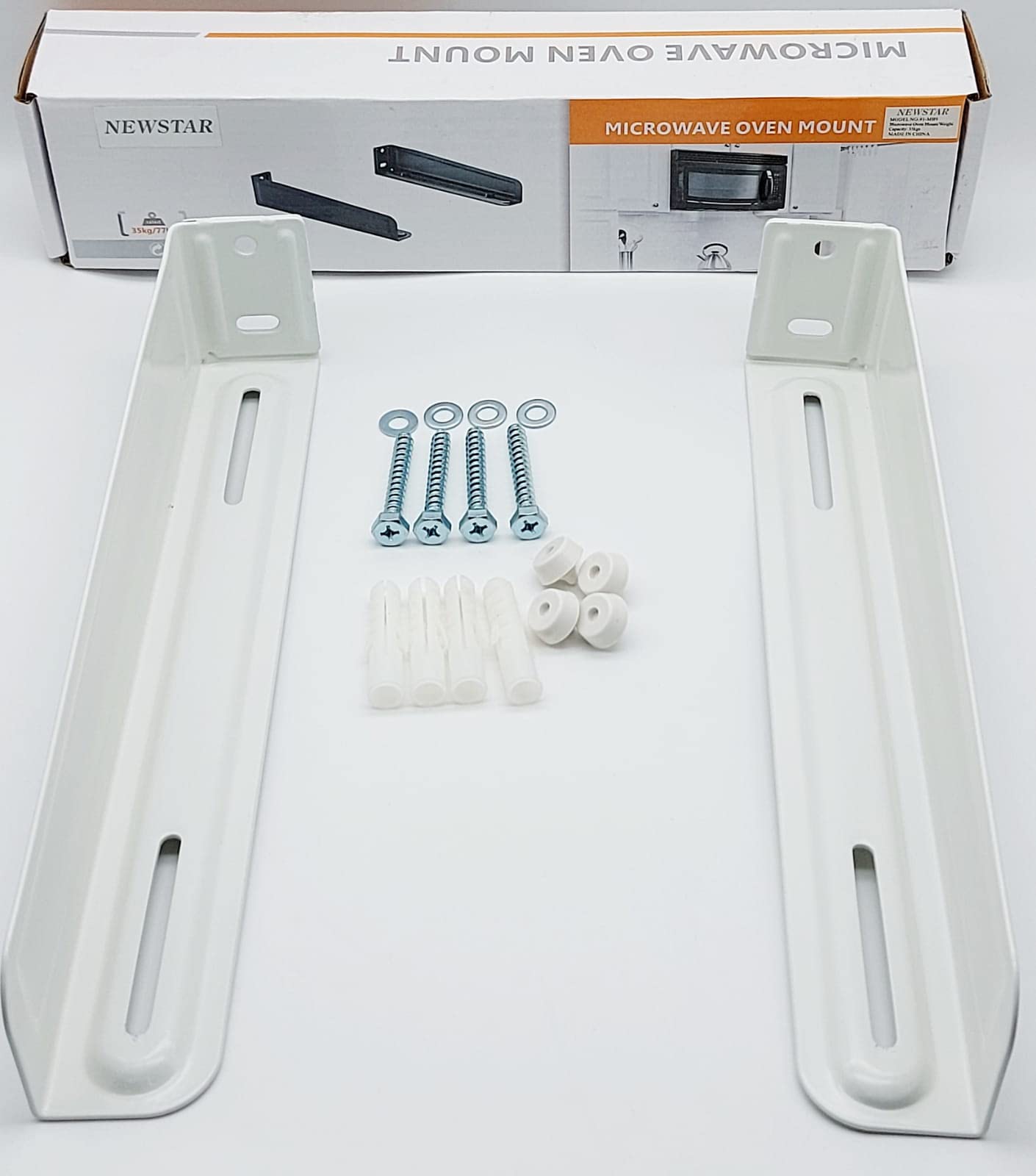 NEUSTAR HEAVY-DUTY MICROWAVE OVEN SHELF Strong Mounting Performance, With this steel bracket, it mounts the microwave oven up giving a new place to use. Up to hold a microwave oven weighted 35kg/77lbs