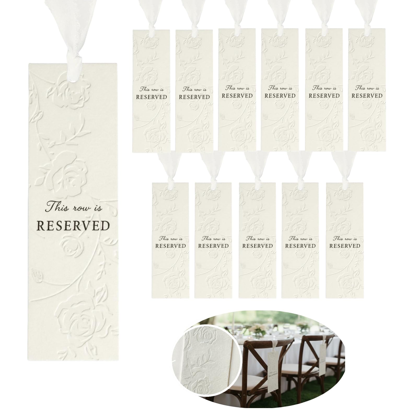 Photo 1 of 12 Pack Wedding Reserved Signs for Church Pews with Ribbons for Chairs, 800gsm Thick Hand-Embossed Rose Cardstock, Elegant Decor for VIP Guests, Family & Table Settings at Outdoor Garden Ceremony
