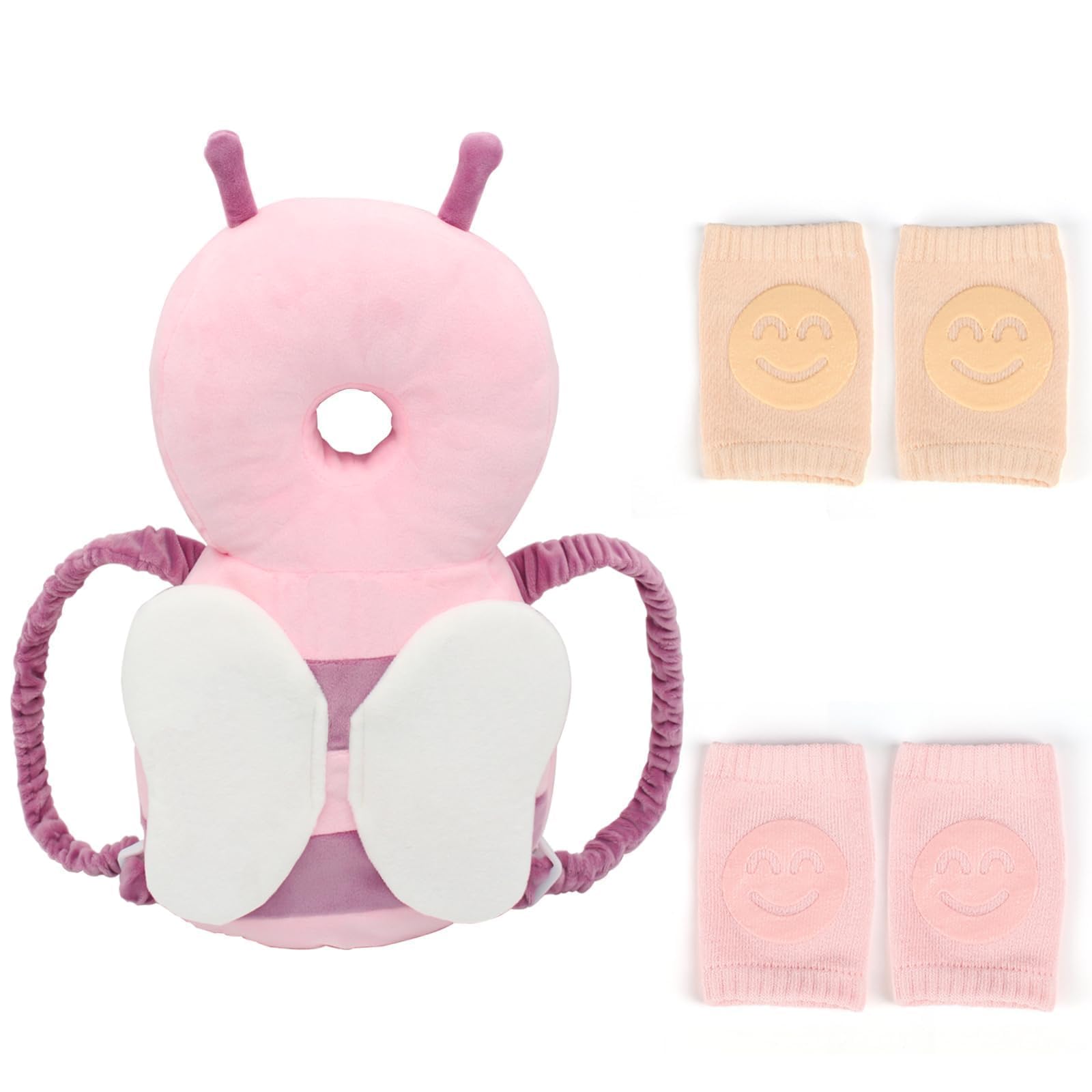 VBNZBK Baby Kopfschutz, Atmungsaktive Verstellbares Baby Kopfschutzpolster mit Knieschoner Baby Krabbeln Geeignet für Kinder Von 4 Bis 24 Monaten, die Krabbeln und Laufen Lernen (Biene, Rosa)