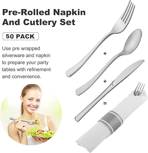 Miniatura 2 de 50 cubiertos de plástico plateado preenrollados, servicio para 50 personas, juego desechable envuelto con tenedores, cuchillos, cucharas,