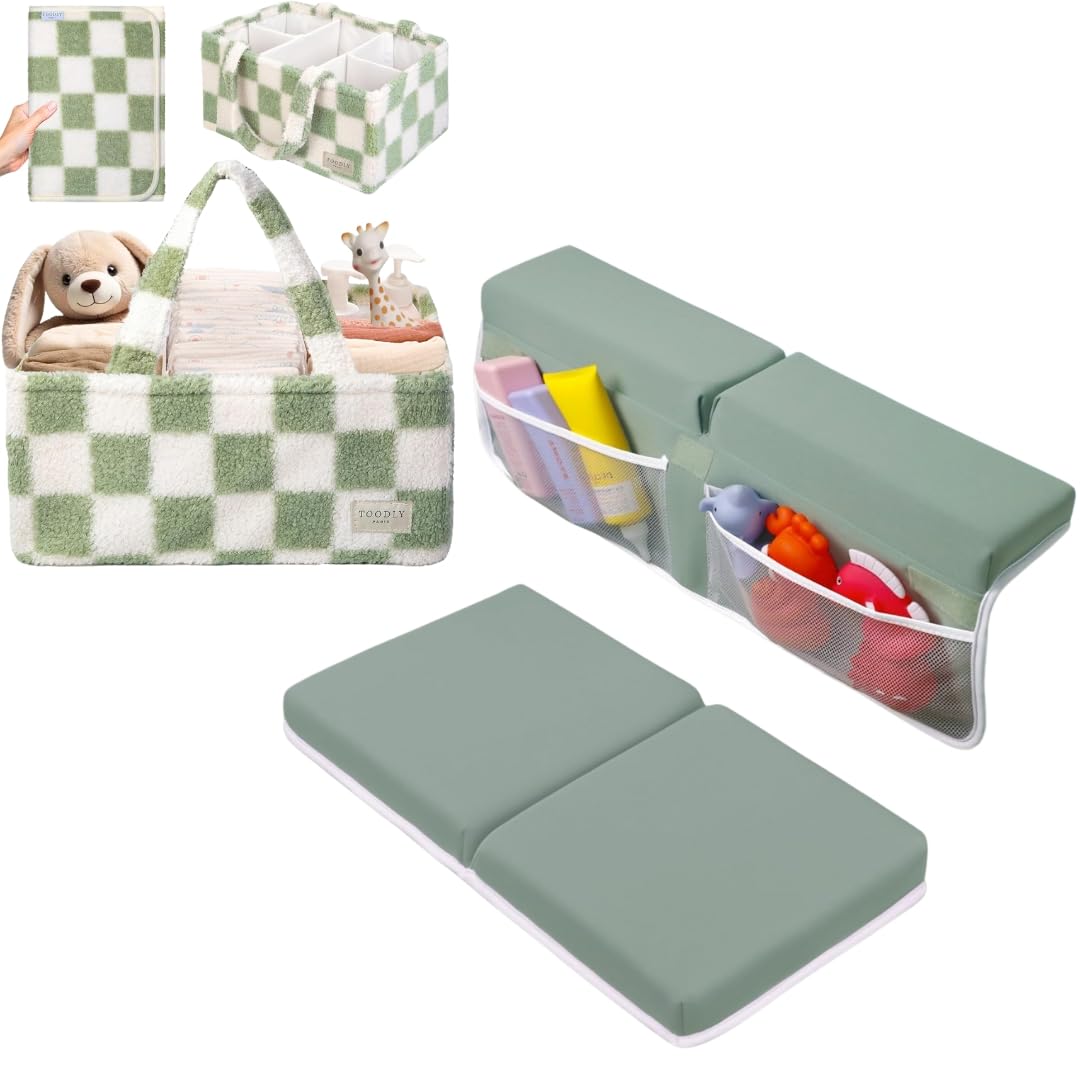 Bath Kneeler Elbow Rest Pad Set Green and Checkered Diaper Caddy Green White Bundle