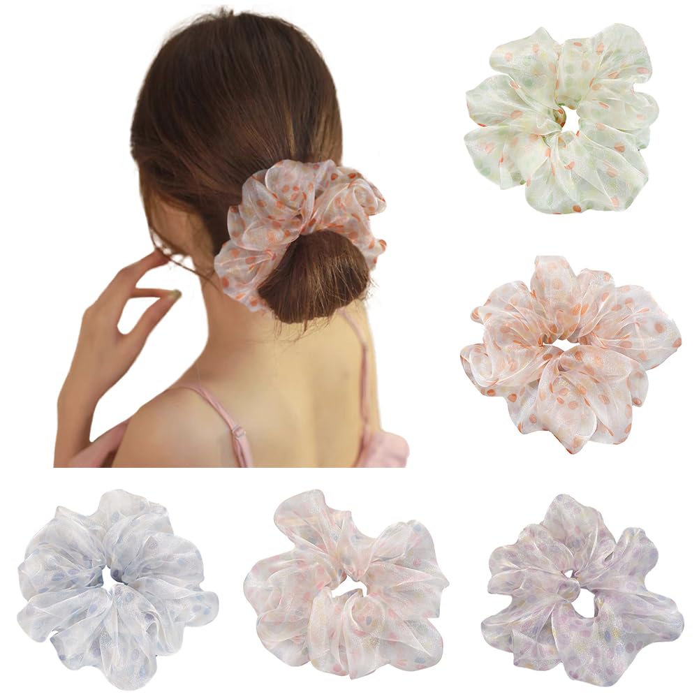 JKQBUX Hair Scrunchies for Women Girls Hair Accessories Sweet hair tie soft shiny elastic hair band organza elegant Cute multicolour 5Pcs