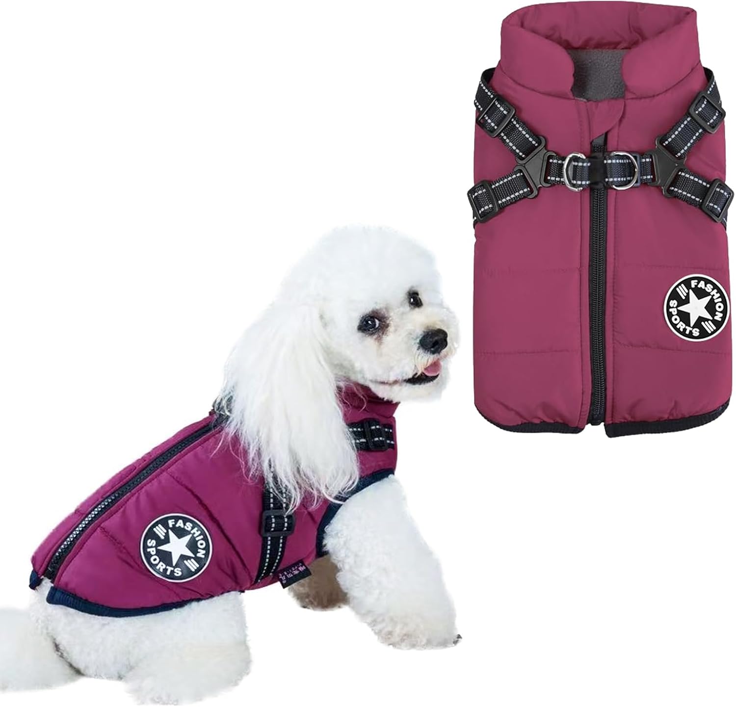 Dog Coat - Warm Waterproof Windproof Pet Jacket with Built-in Harness - Fleece Vest for Small Medium Dogs (Purple)