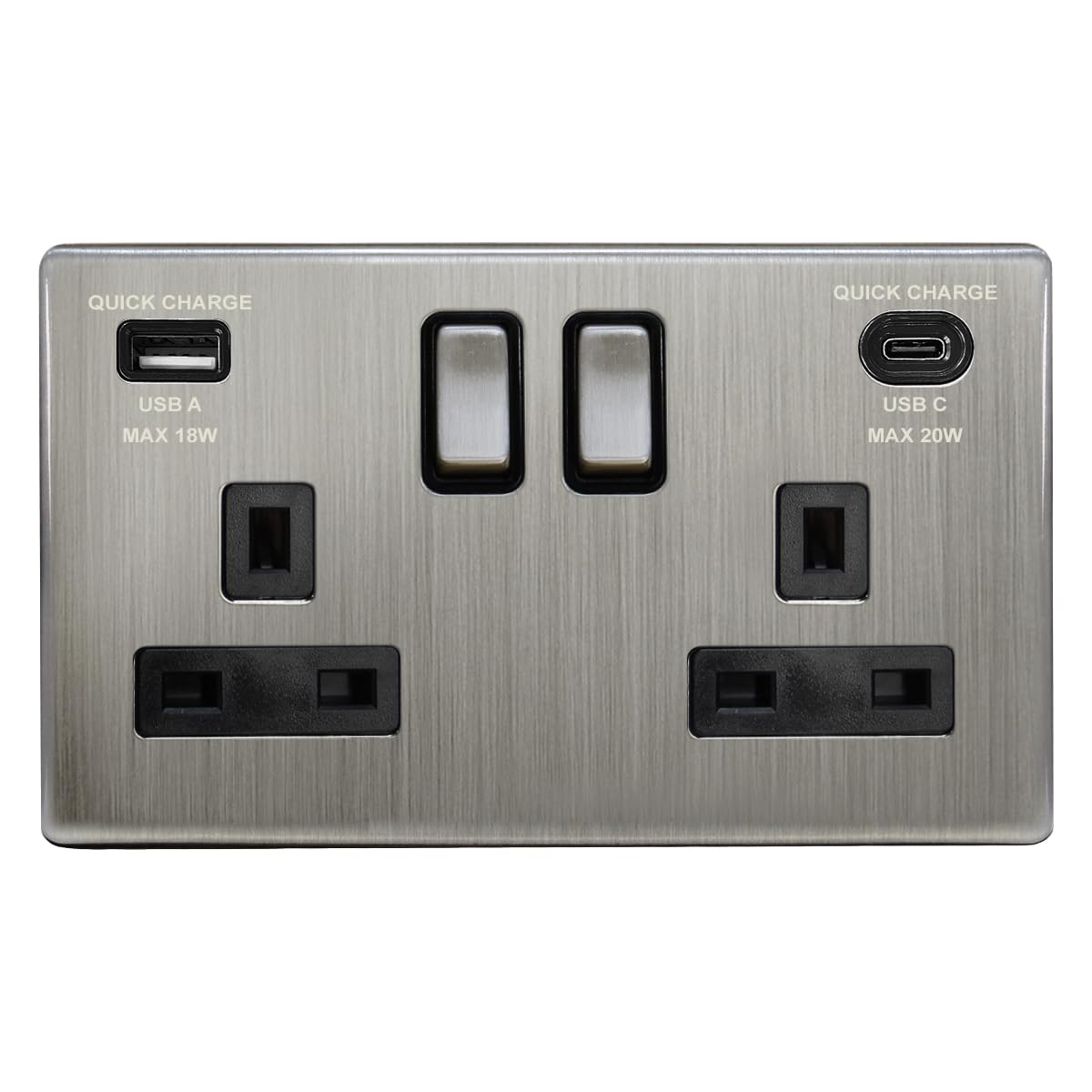 Double Switched Socket with USB-C and USB-A Charging, Brushed Chrome Metal, 13A 250VAC, 20W Fast Charge N4118DME