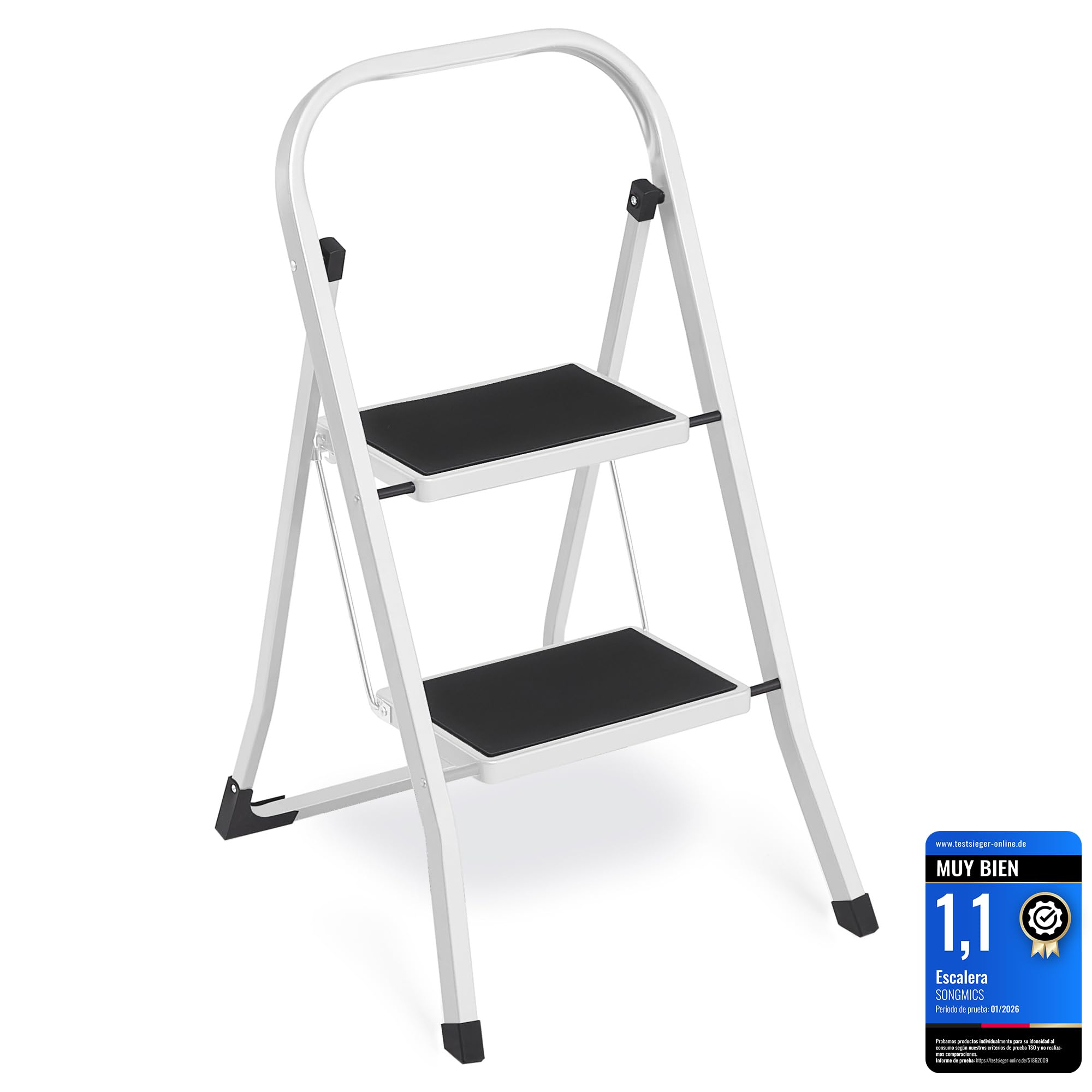 SONGMICS Escalera de Tijera, Escalera con 2 PeldaÑos, PeldaÑo Plegable, Bloqueo de Seguridad, FÁcil de Guardar, Carga hasta 150 kg, Blanco Simple GSL12WT