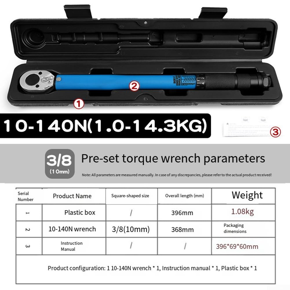 Llave dinamométrica de 1/2 pulgada de 20-220 Nm, llave de trinquete ajustable para reparación de bicicletas mecánica general azul (3/8 10-140N)