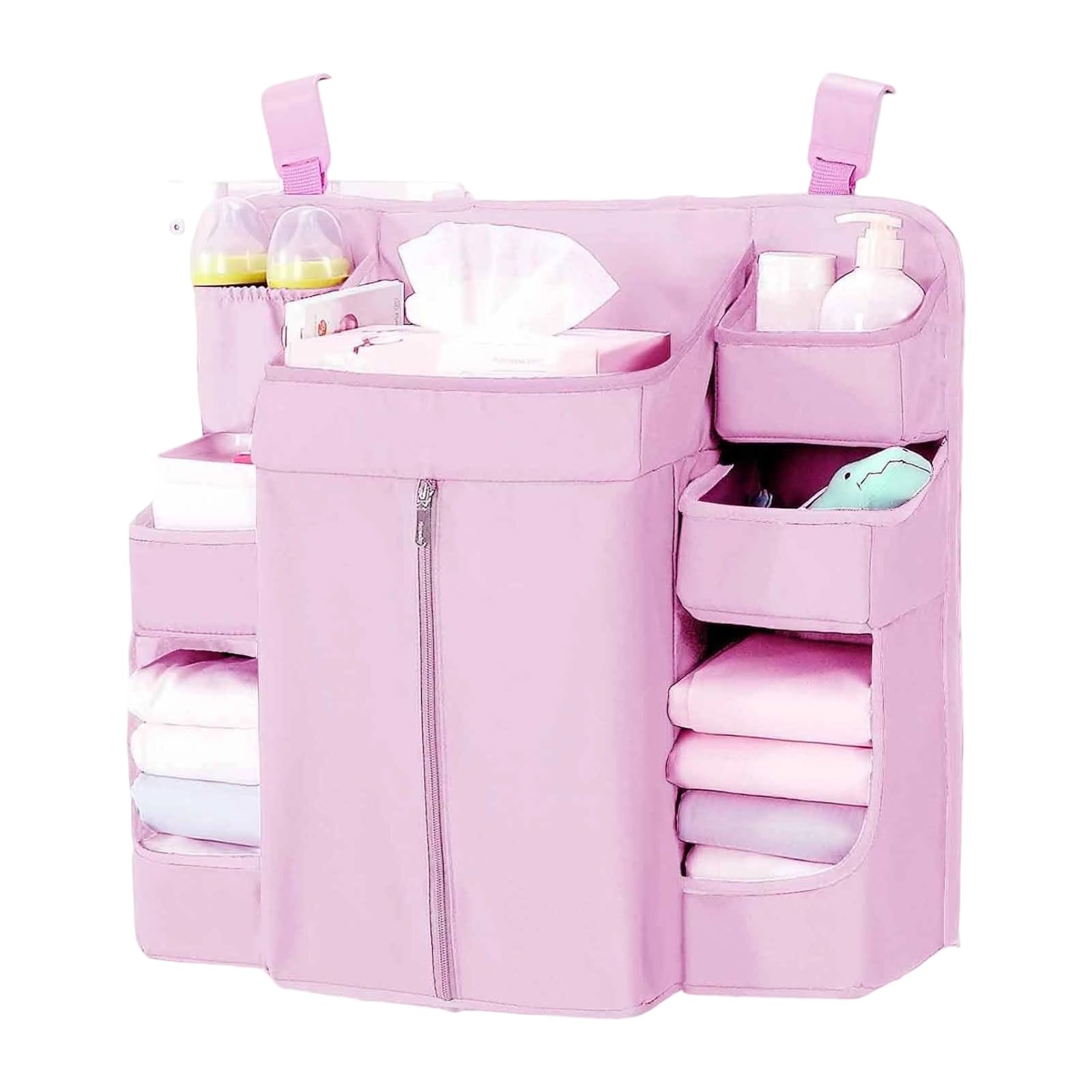 Crib Hanging Organizers 6 Compartments Large Zippered Pocket Sturdy Fabric Nursery Storage Solution Fabric Diaper Storage Bag