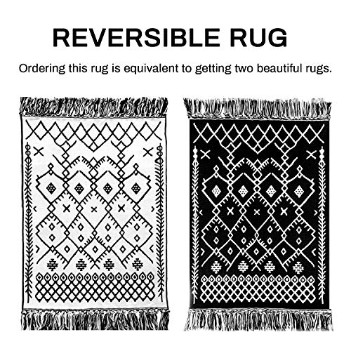 Upgraded Boho Bathroom Rug 2'X3', 100% Woven Boho Rug For Bedroom Black And White Bohemian Rug Bath Mat, Kitchen Rug Washable Cotton Small Throw Rug, Tassel Rug For Kitchen/Laundry/Doorway/Porch #TOP3