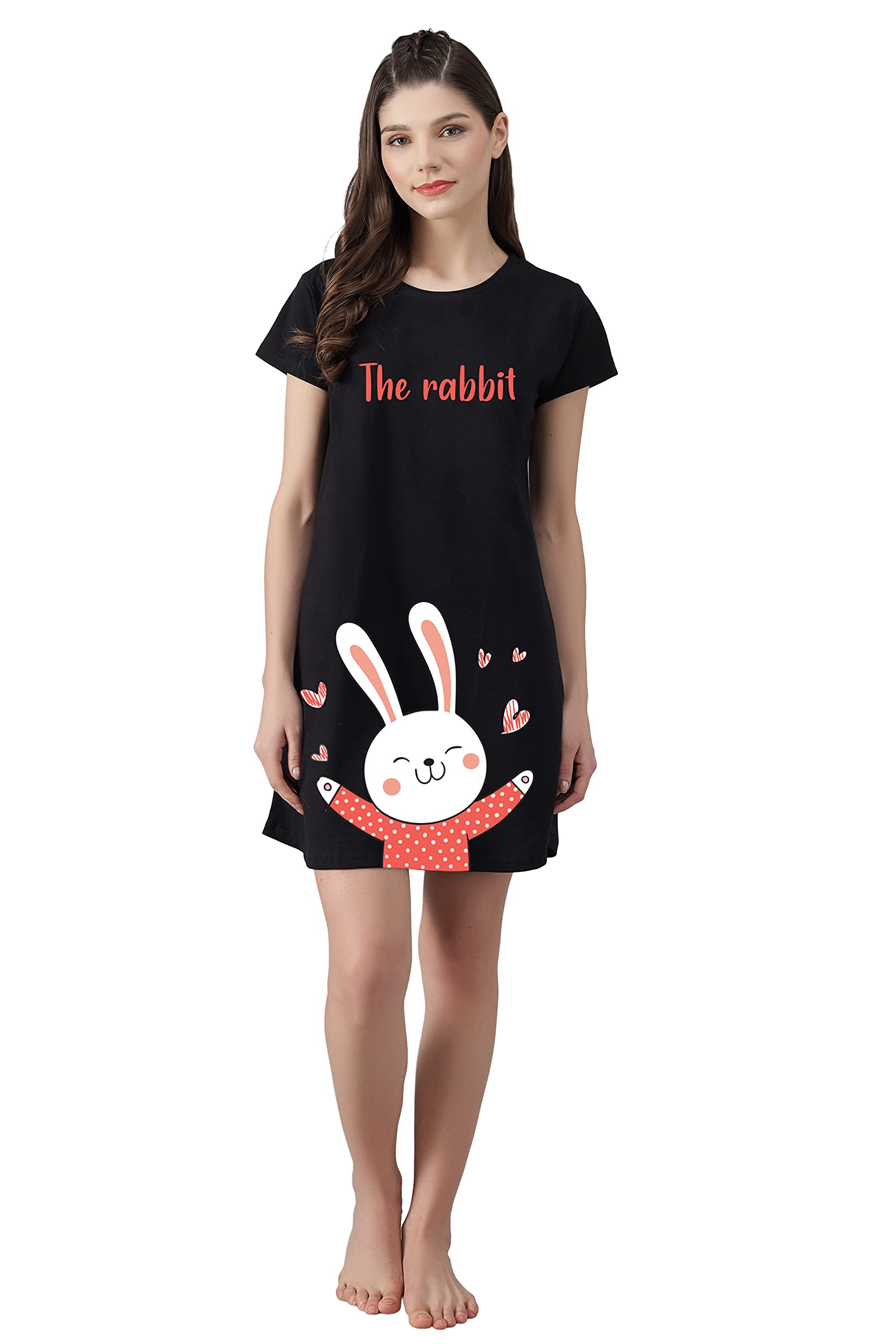 fflirtygo Women’s Cotton Nighty | Printed Knee Length Nighty |Short Sleeve Nighty |Short Nightdress|Black Color |The Rabbit Night Gown| Long T-Shirt|Sleepwear & Casual Wear Nighty-picture-37
