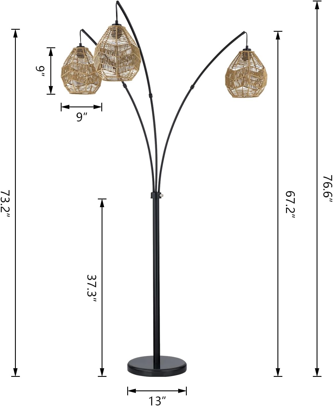 Maxax 76.5" Rattan Floor Lamps for Living Room, 3 Lights Arc Farmhouse Boho Floor Lamp for Bedroom, Tall Black Standing Reading Lamp with Woven Rattan Lampshade and Marble Base Decor, Adjustable