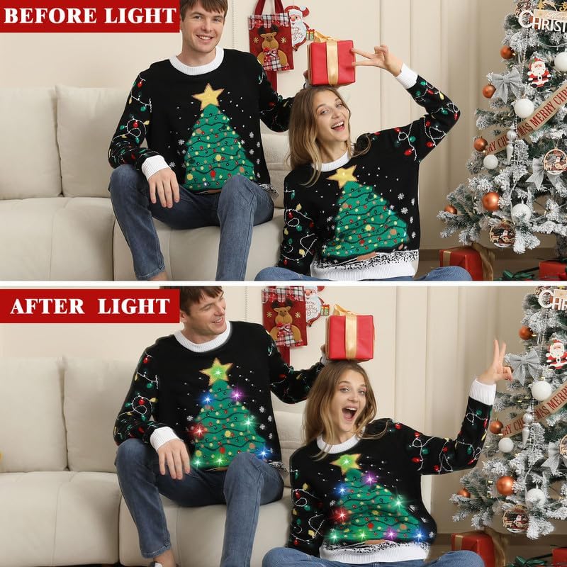 Ugly Christmas Sweaters for Women Men,Light Up Christmas Sweater,Funny Christmas Tree Black Unisex Xmas Sweaters for Couples - Image 4