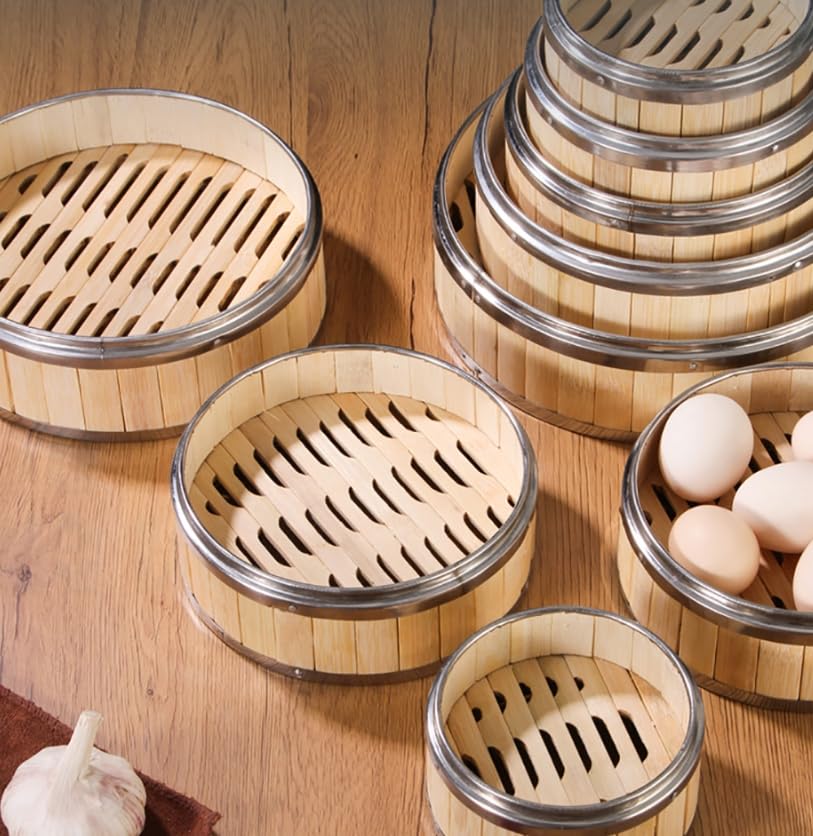 Luminexia Cesta de Vapor de bambú,2 Niveles con Tapa Steam Cooker,Olla vaporera de bambú Cocinar al Vapor con Bandas de Acero Inoxidable - para arroz,Dim Sum,Verduras,Carne y Pescado (8 tamaños)