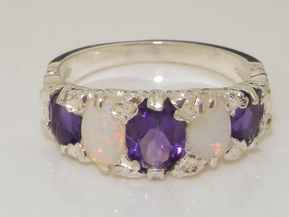 925 Sterling Silver Real Genuine Amethyst and Opal Womens Band Ring