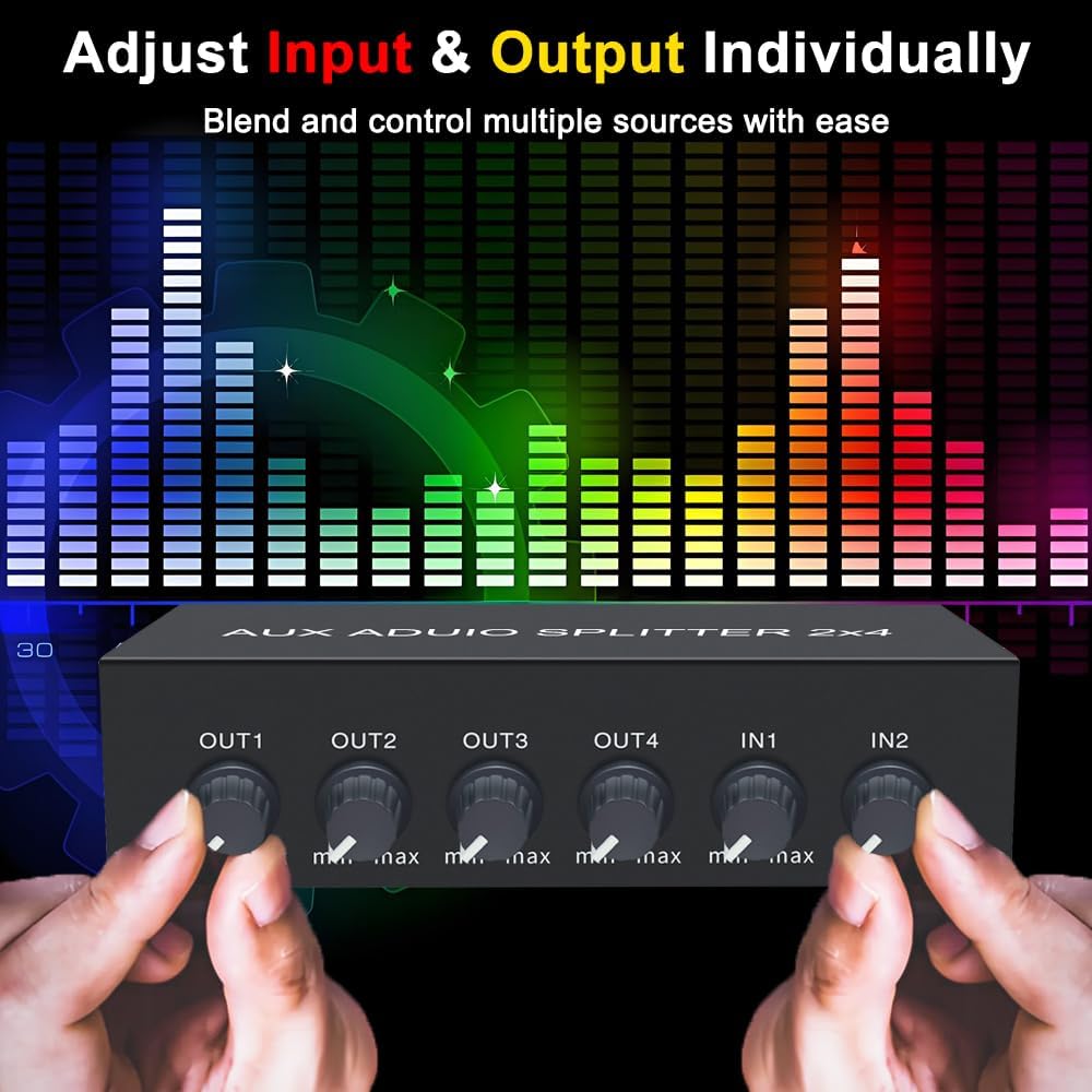 2 in 4 out 3.5mm Aux Audio Splitter Stereo Line Level Distributor Mixer with Independent Volume Control