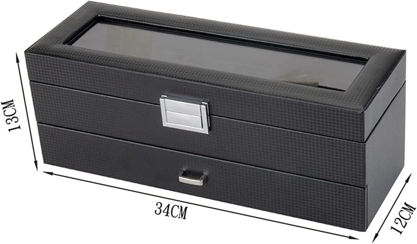 Uhrengehäuse, PU-Leder, doppellagig, 6 Fächer, Uhrenbox mit Schublade, transparente Oberseite, abschließbare Sonnenbrillen-Aufbewahrungsbox, Uhrenbox