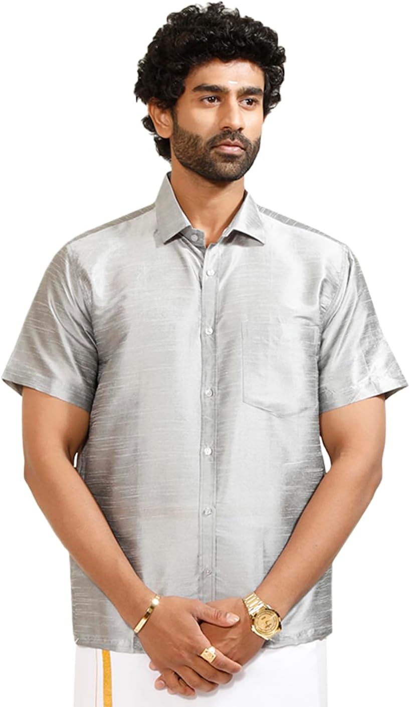 VASTRAMAY Men's Silk Blend Ethnic Shirt - Half Sleeves, South Indian Traditional Shirt for Weddings, Festivals, & Casual Wear